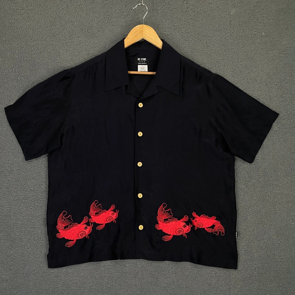 BC Ethic Shirt Mens Large 100% Silk Asian Koi Embroidered Camp Loop Collar VTG